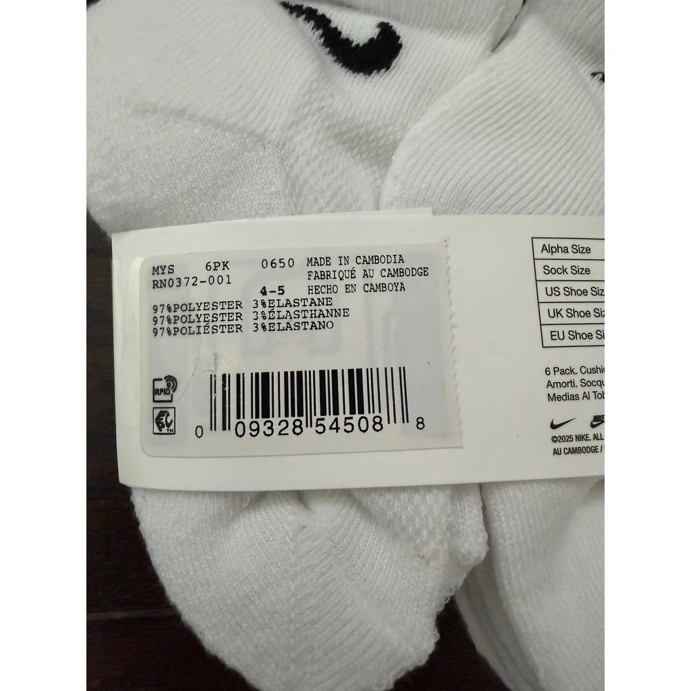 Nike Kids 6 Pack Everyday Cushioned Ankle Socks White RN0372-001 Size 7C-10C
